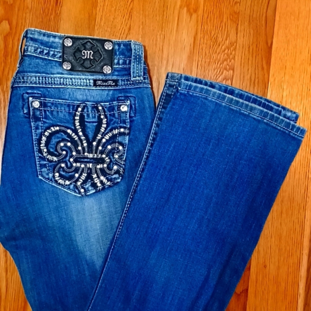 Miss Me Women's Boot Cut Jeans - Blue with Embellished Back Pocket